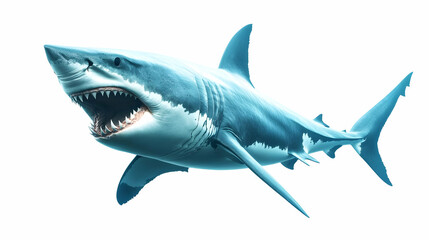 Fototapeta premium A stunning blue shark swims gracefully through the ocean, showcasing its powerful body and sharp teeth against a white background.