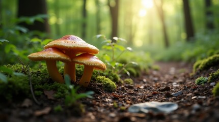 Fototapeta premium A scenic shot of a cluster of mushrooms emerging from the damp forest floor