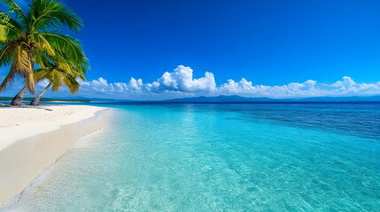Fototapeta premium A stunning tropical beach with clear blue waters, golden sand, and lush palm trees under a bright blue sky, ideal for relaxation.