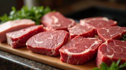 A variety of local meat cuts displayed on a wooden butcher block, showcasing different textures and colors