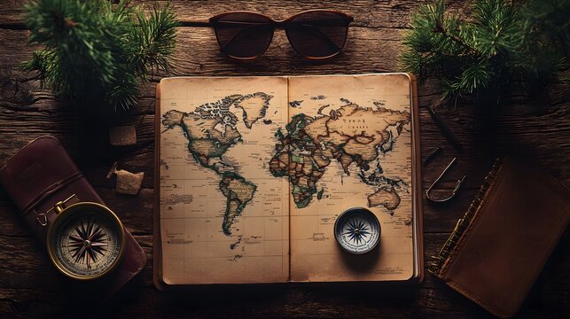 Top view flat lay of a world map with a compass and sunglasses on a wooden table for travel planning