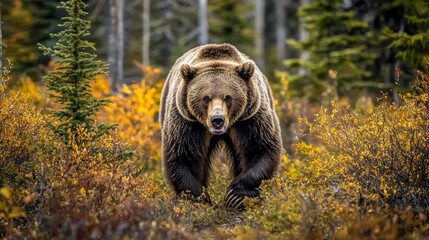 Grizzly Bear Walking Through Vibrant Forest During Autumn Season