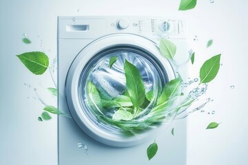 contemporary washing machine with green leaves and nature elements emerging from within, environmental concept