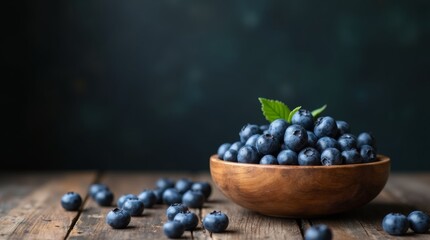 Fresh blueberries in a rustic wooden bowl on an aged table with a dark background highlighting natural textures and empty space for text 