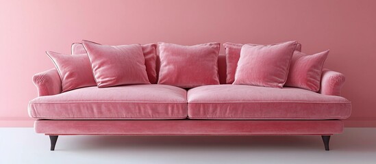 Elegant pink velvet sofa with plush cushions against a soft pink wall in a modern interior