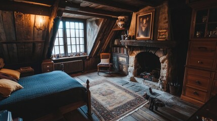 Rustic heritage room with exposed wooden beams, antique cabinets, handcrafted textiles, and a classic stone fireplace for a warm, nostalgic atmosphere