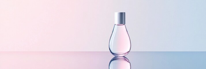 Sleek cosmetic bottle with clean pastel background and reflective surface showcasing modern beauty design. Generative AI