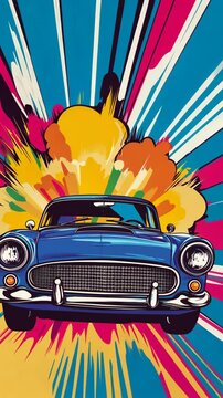 Pop art concept Retro car. Colorful background in pop art retro comic style. Pop art animation vertical video.