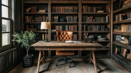 Rustic home office with a wooden desk, leather chair, and bookshelves filled with vintage books and rustic decor