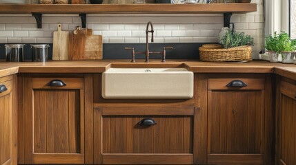 Rustic kitchen with wooden cabinets, exposed shelving, and a farmhouse sink to create a welcoming, homey feel