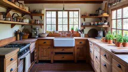 Rustic kitchen with wooden cabinets, exposed shelving, and a farmhouse sink to create a welcoming, homey feel