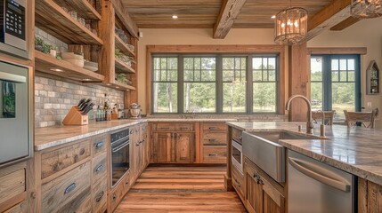 Rustic kitchen with wooden cabinets, exposed shelving, and a farmhouse sink to create a welcoming, homey feel