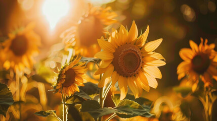 Fototapeta premium Sunflowers in a field bathed in the warm glow of a setting sun, showcasing their vibrant yellow petals and a golden, tranquil atmosphere. Perfect for nature and sunset-inspired themes