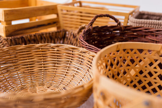 Various kinds of baskets closeup