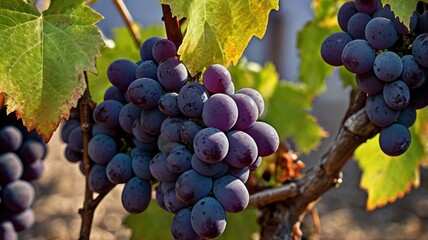 Fototapeta premium A close-up view of a grape vine with glistening, ripe grapes hanging from the branches