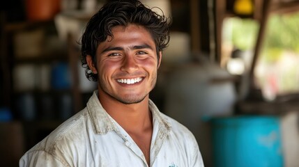 Fototapeta premium Young man smiling cheerfully in a rustic workshop filled with tools and equipment during daylight hours
