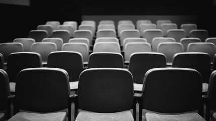 Fototapeta premium Empty auditorium chairs; pre-event setup; dark background; event space