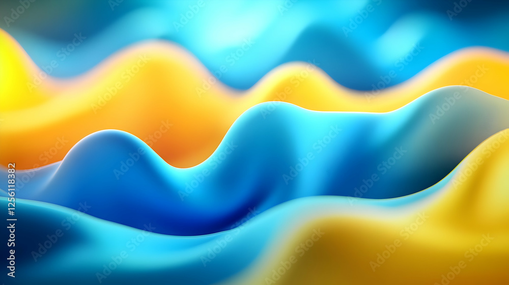 Poster a vibrant wave pattern of yellow and blue, creating an abstract representation of movement and depth