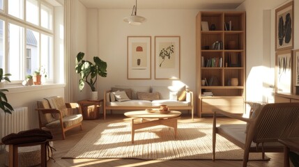 Scandinavian-inspired living room with light wood furniture, cozy textiles, and clean white walls
