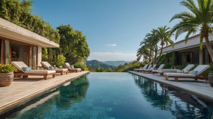 Obraz premium A luxurious swimming pool surrounded by lush greenery and elegant lounge chairs, reflecting the clear blue sky. 