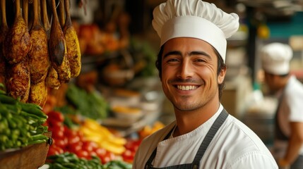 Chef showcasing vibrant fresh produce in a bustling market during a sunny day