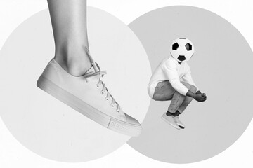 Creative collage picture of black white colors huge foot kick mini guy football instead head...