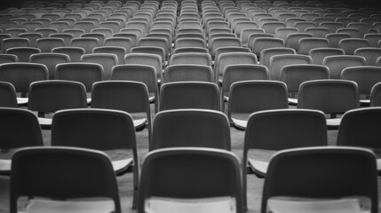 Obraz premium Empty auditorium seats, rows receding, dark floor. Event venue, background, monochrome
