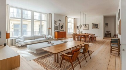 Fototapeta premium Scandinavian-style open living area with light wooden flooring, simple furniture, and a clean, airy vibe