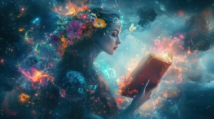 Ostara witchy, Dreamy Ostara illustration of a mystical woman with soft pastel curls, encircled by delicate floral patterns and glowing stars