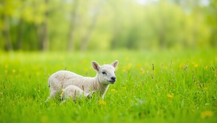 Fototapeta premium Newborn lambs in a green field