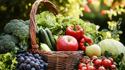 A basket of fresh vegetables and fruits, outdoors in natural daylight. The background features lush trees and flowers.