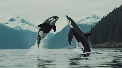 Obraz premium Orcas leaping, fjord, mountains, wildlife, nature documentary