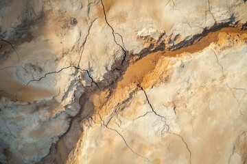 Naklejka premium cracked earth patterns in dried riverbed, dramatic aerial perspective, earth tones with deep fissures, desert minimalism
