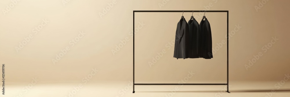 Poster Minimalist clothing rack displaying neatly arranged garments in a tranquil setting with soft lighting. Generative AI