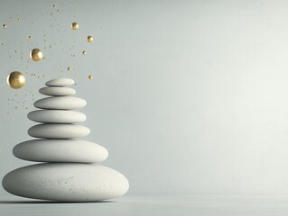 Fototapeta premium Balancing serenity with stacked stones and golden orbs in minimalist space