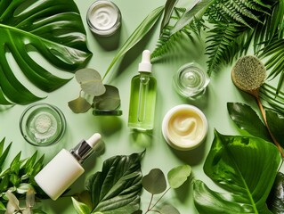 Top view of background with natural green leaves and cosmetic creams, oils, masks.