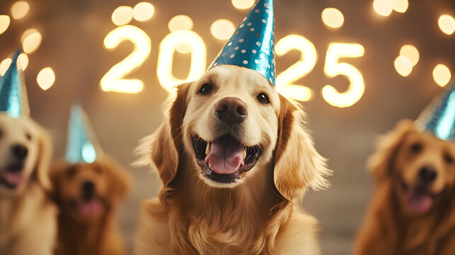 Happy golden retriever wearing a party hat, celebrating a joyful moment with friends under bright lights for a special occasion.
