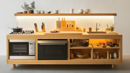 Small kitchen with integrated appliances, a minimal counter, and shelving to maximize storage and workspace