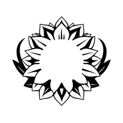 Black and white botanical mandala design with a central blank space, radiating from the center outward.