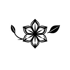 Black and white floral design featuring a stylized flower with leaves and a minimal, symmetrical aesthetic.
