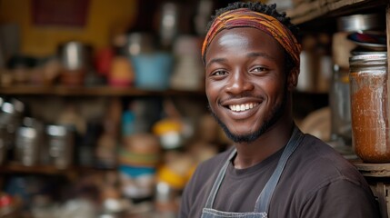 Joyful artisan smiles in a vibrant market, showcasing local craftsmanship and cultural richness in a bustling community