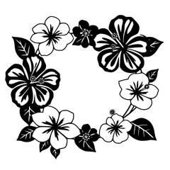 Fototapeta premium A black and white floral wreath depicting a circular arrangement of hibiscus flowers.