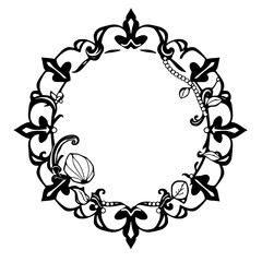 Ornate circular black and white frame with floral motifs.