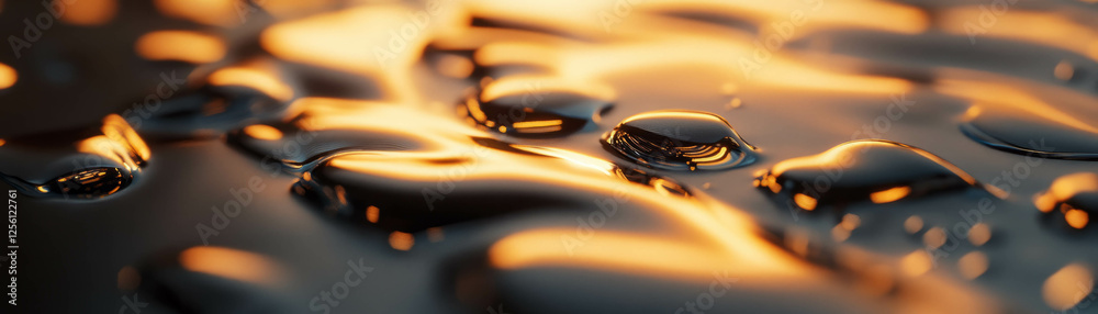 Poster droplets on metallic surface create striking reflections and patterns with a bright backdrop
