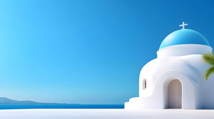 Stunning blue dome church overlooking the sea, surrounded by clear skies and tranquil scenery for a serene atmosphere.