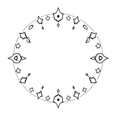 Black and white illustration of a stylized circle, with stars, moons and eye-like shapes.