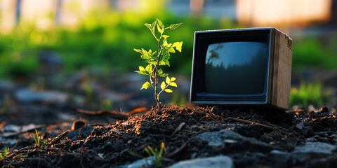 e-waste - crt monitor or TV set out in nature with a seedling growing