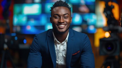 Obraz premium Confident young professional smiling warmly in a modern studio environment filled with screens and cameras