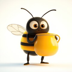 Obraz premium Cartoon bee holding honey pot, adorable, 3D render, digital illustration, fun, children's, illustration, perfect for branding