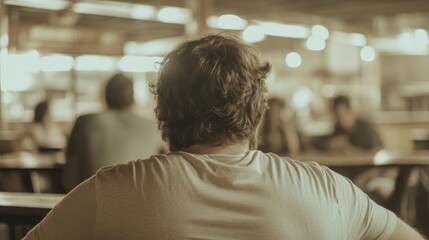 Man sitting alone in cafe, blurred background
